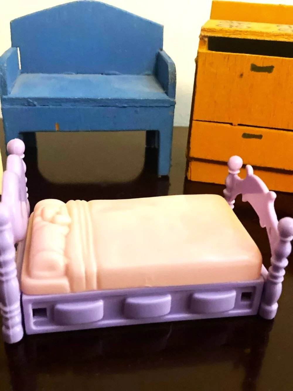 Vintage Doll House Wooden Furniture, Hand made and 1 Plastic Bed
